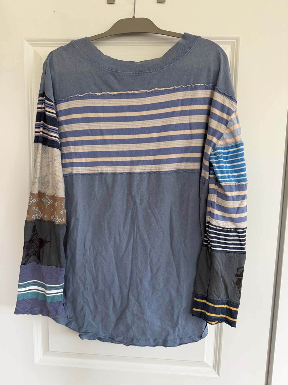 We The Free Patchwork Striped Long Sleeve Top - Blue & Tan Accents